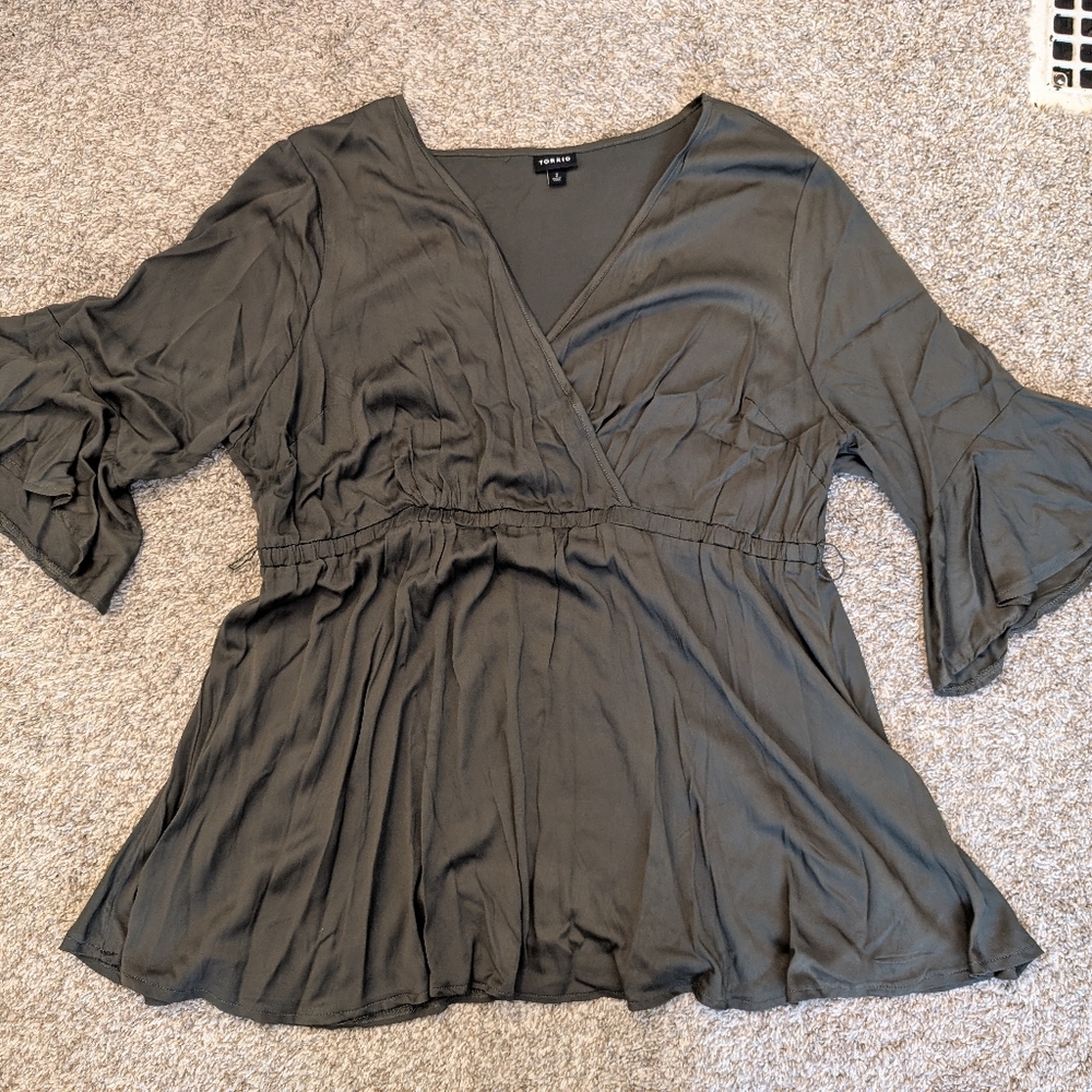 Torrid Dark Olive Wrap Blouse With Flared Sleeves Size 2XL